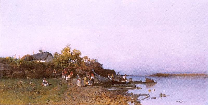 Meszoly, Geza Fishermen's Ferry at the River Tisza Norge oil painting art